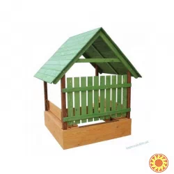 Песочница-домик с лавочками крышей и защитным забором