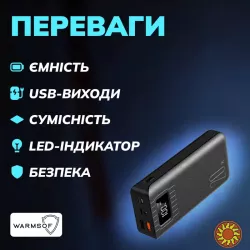 Повербанк Warmsof 20000mAh 2xUSB 1хType-C + Lightning з LED-дисплеєм Чорний