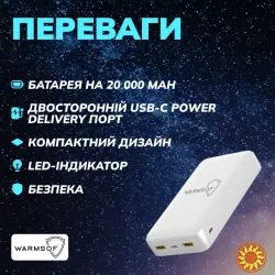 Повербанк Warmsof 20000mAh 2xUSB 1хType-C Power Delivery 3.0 Quick Charge 3.0 Білий