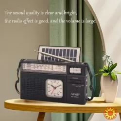 Портативний акумуляторний радіоприймач з годинником, сонячною панеллю, USB/TF/MP3 та TWS-зв'язком