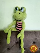 Жабка весела зелена велика м'яка в'язана іграшка  52 см  плюшева  сувенір ручна робота hand made