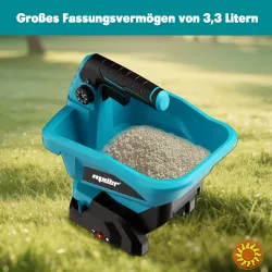 Акумуляторний електричний розкидач для насіння, солі та добрив.