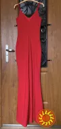 Красное вечернее выпускное платье с золотистой накидкой