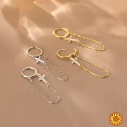 Срібні сережки з хрестиком і ланцюжком і кубічним цирконієм у позолоті та в родії