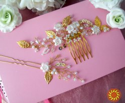 Эмма свадебное украшение белый золотистый роза цветок веточка гребень шппилька