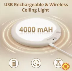 Акумуляторний LED-світильник з датчиком руху 4000 мА·год, пульт ДК, 3 кольори світла, регулювання яскравості, таймер, USB